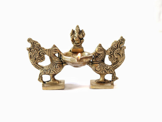 Brass Lord Ganesha Lamp diya with Peacock Duo (Height: 4 inches)