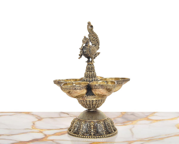 Superfine Brass Oil Lamp On Peacock | Five Diya Stand (Height: 6.5 Inches) Study Setting