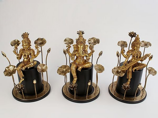 Brass Statue Set of Lakshmi, Ganesha, and Saraswati Idol (Height: 18 Inches)