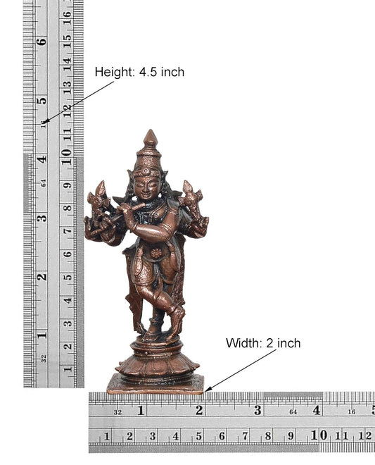 Copper Lord Krishna Playing Flute Statue (Height 4.5 Inch)