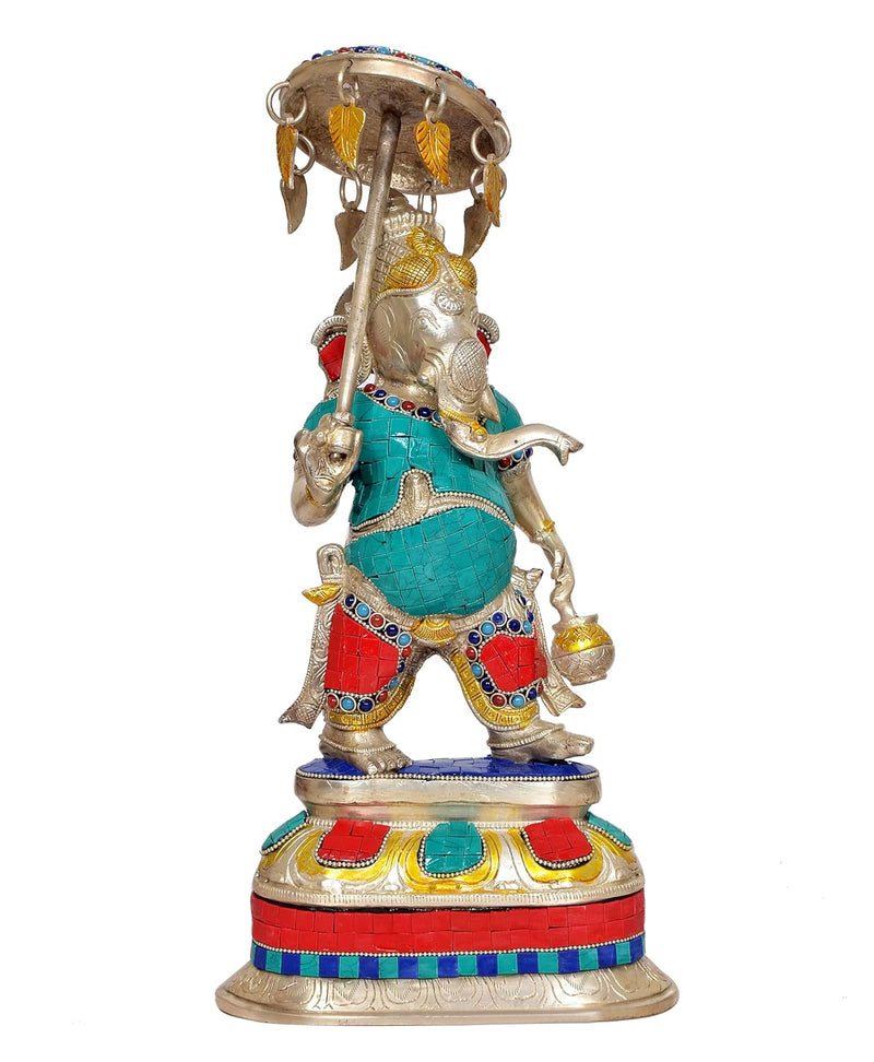Brass Cute Ganpati Holding Tiny Umbrella Showpiece Home Decor (Height: 15 Inch)