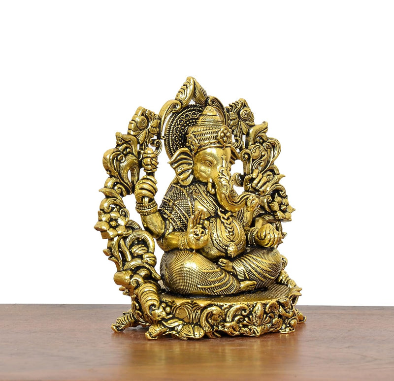 Bronze Chaturbhuja Ganesha Idol with Floral Arch Golden (Height 4 Inch)