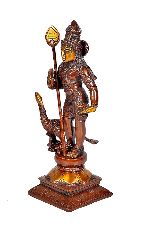 Lord Kartikeya Brass Idol Figurine Standing Murgan with Peacock Sculpture Showpiece Bronze Color Height 10 Inches Craft Detail