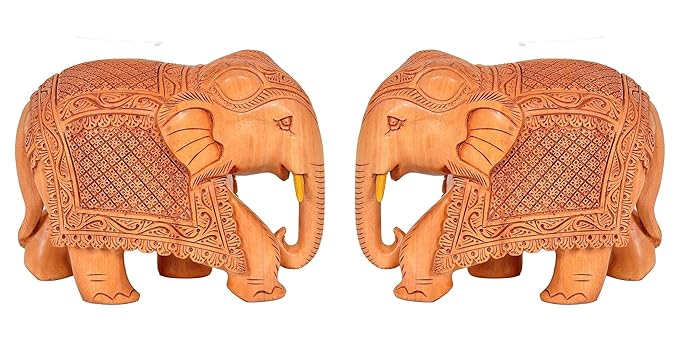 Elephant Pair Statue Small Size Wooden Decorate for Your Home,Office Table Decorative & Gift Item (Pack of 2) (Height: 3" Inches) Craft Detail