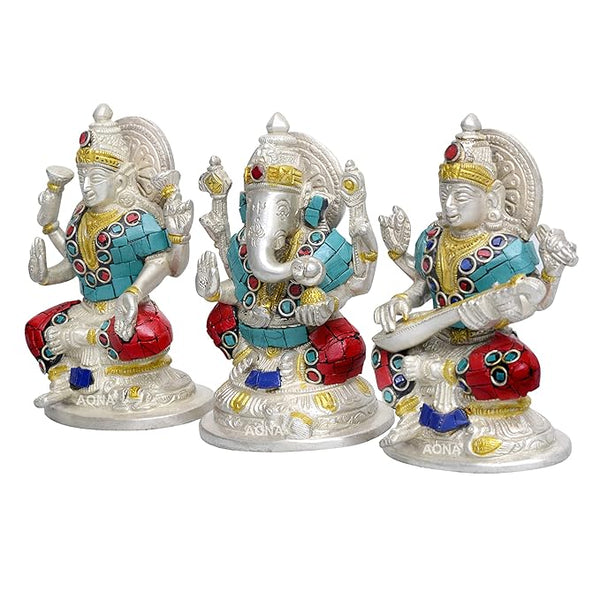 Goddess Lakshmi Ganesha Saraswati Brass Idol Lakshmi Ganesh Murti Height 5 Width 3.5 Inches Entryway Setting