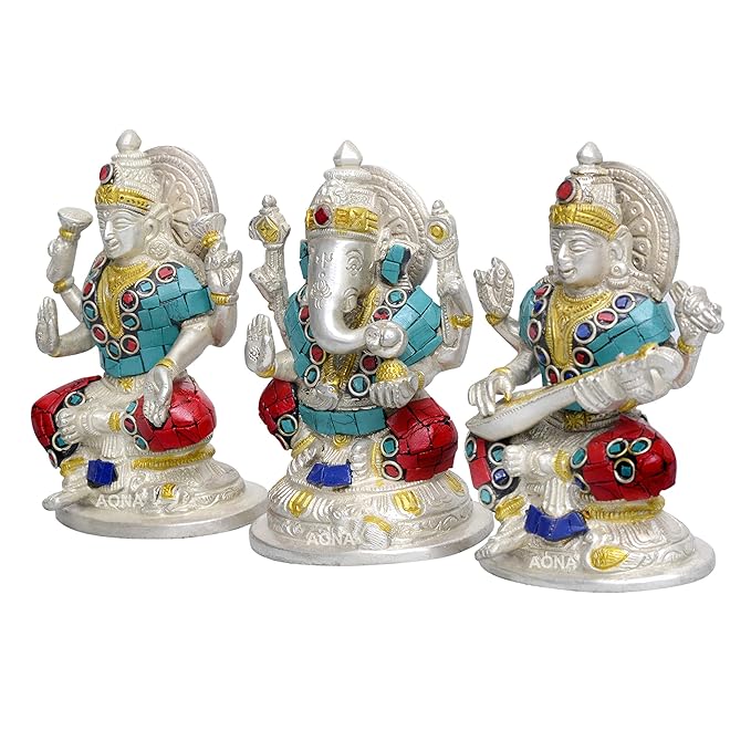 Goddess Lakshmi Ganesha Saraswati Brass Idol Lakshmi Ganesh Murti Height 5 Width 3.5 Inches Craft Detail