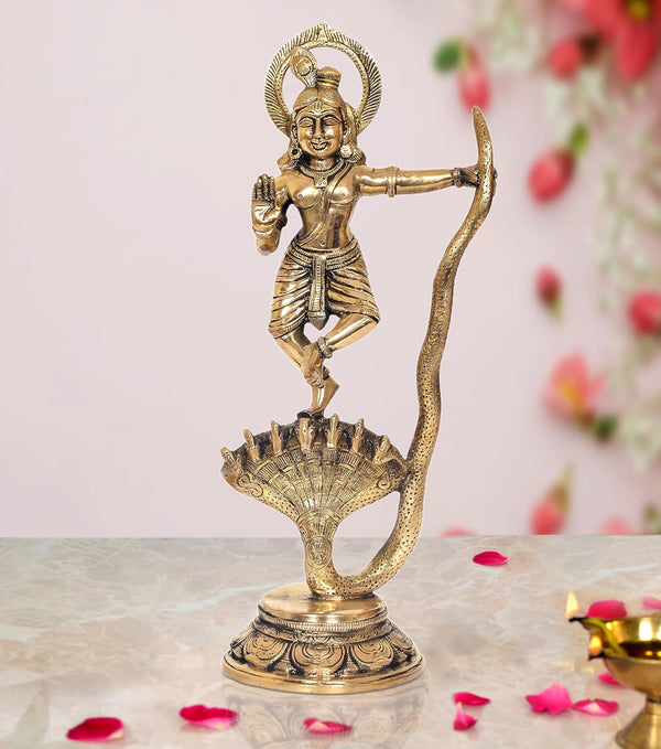 Brass Krishna Bhagwan Murti Dancing on Kaliya Naag - Religious Statue for Home Temple Pooja Mandir Decor (Height 13 Inch) Mandir Setting