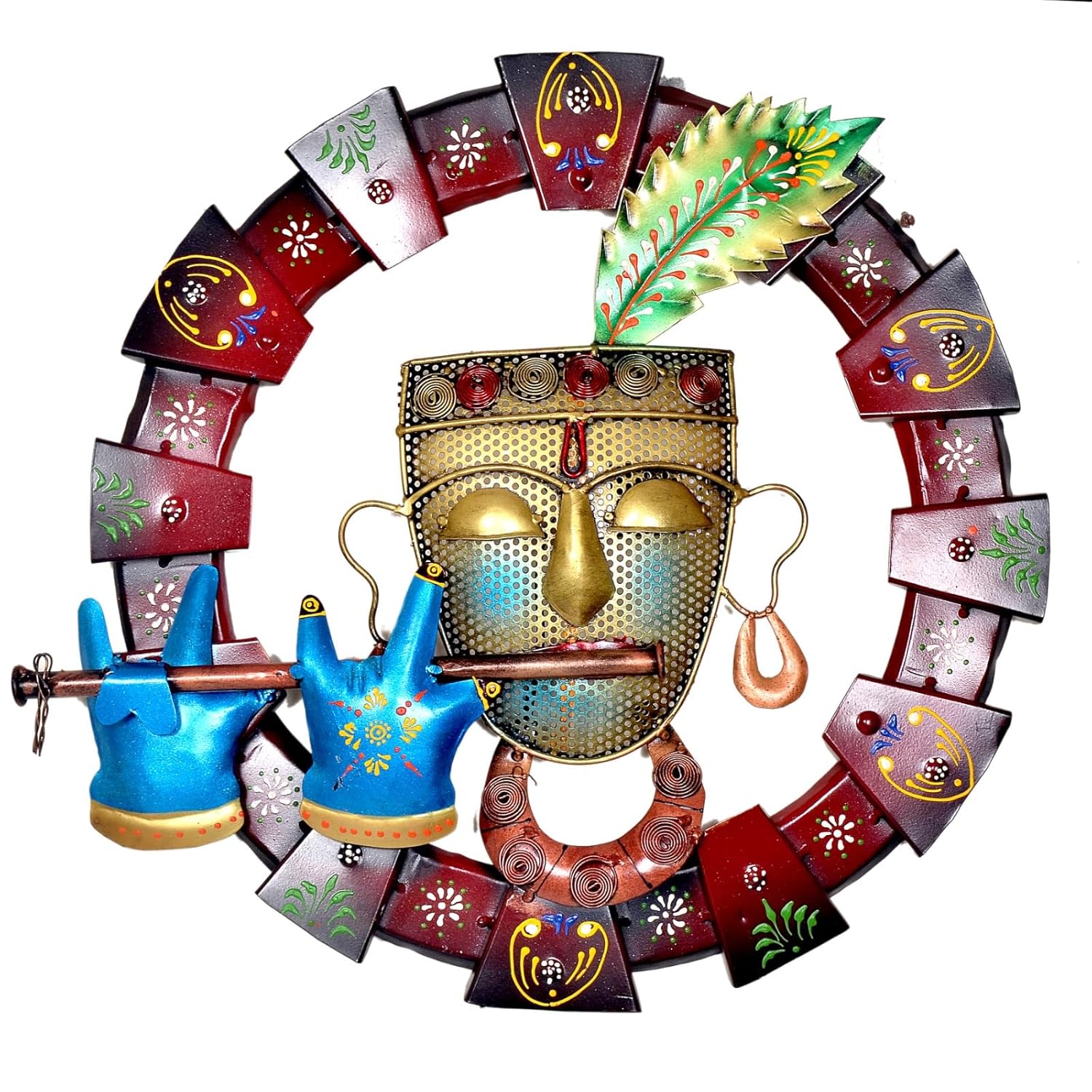 Iron Flute-playing Krishna wall hanging (18.5 inch diameter)