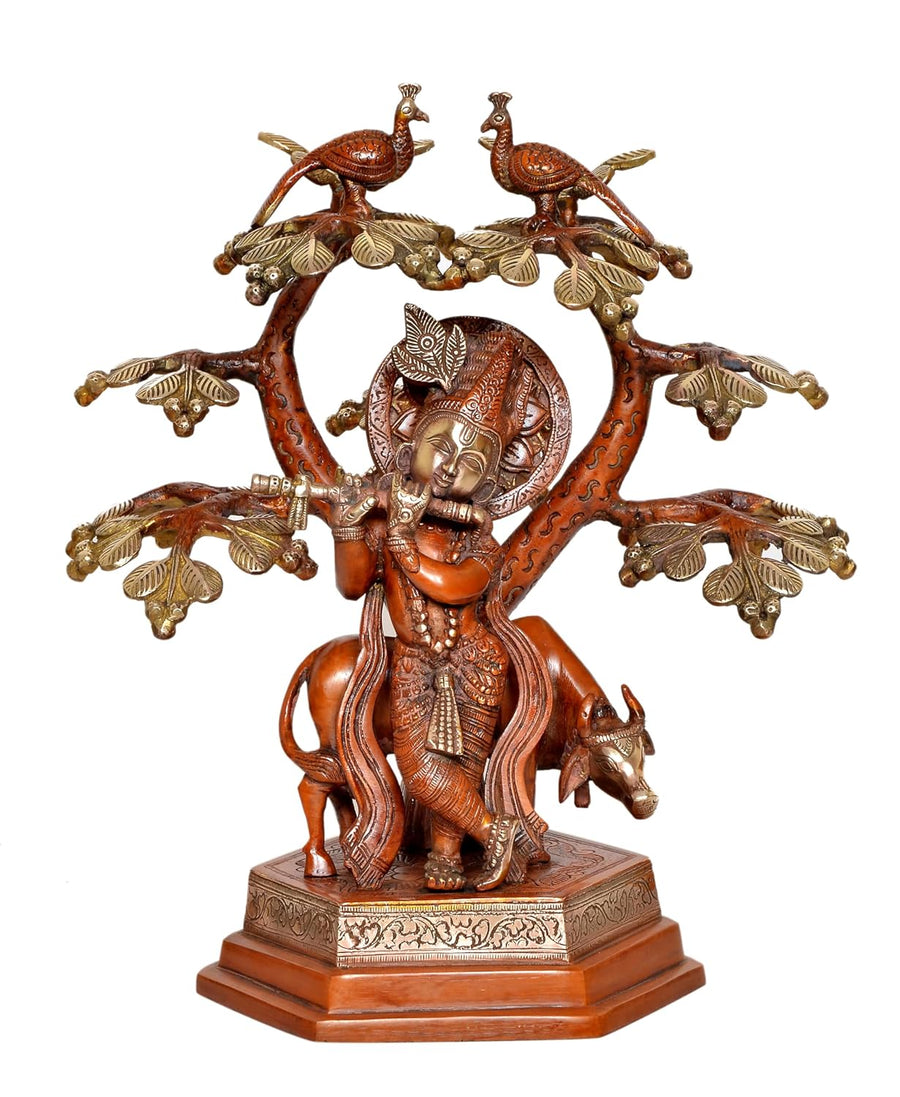 Brass Lord Cow Krishna with Tree Idol Figurine Sculpture Playing Flute Statue Decorative Showpiece, (Height 13 Inch) Craft Detail