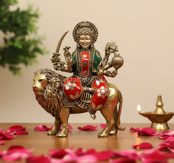 Superfine Brass Goddess Sherawali MATA Murti (Height: 6 Inch) Mandir Setting