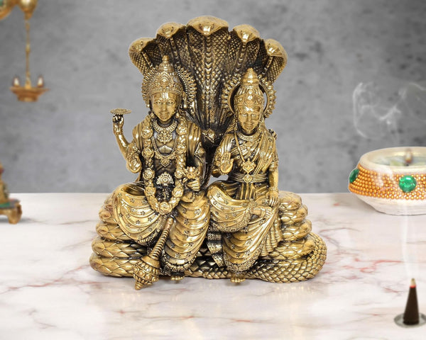 Superfine Brass Maa Lakshmi with Lord Vishnu On Sheshnag Idol Statue (Height 5.5 Inch) Mandir Setting