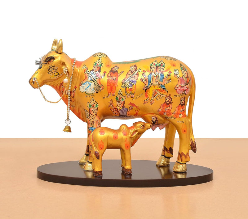 Resin Kamdhenu Cow with Calf God Figure Statue (Height: 8 Inch)