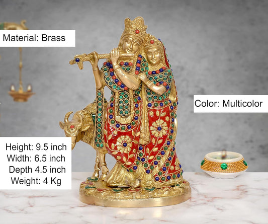 Brass Radha Krishna with Cow Idol (Height 9.5 Inch)