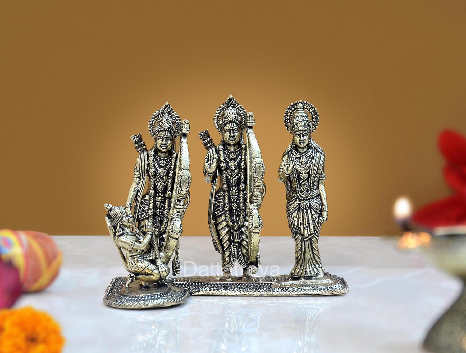 Superfine Brass Ram Darbar with Sita Lakshman Hanuman Bronze Finish Statue, for Home Decor Pooja Mandir (Height 3 inch)