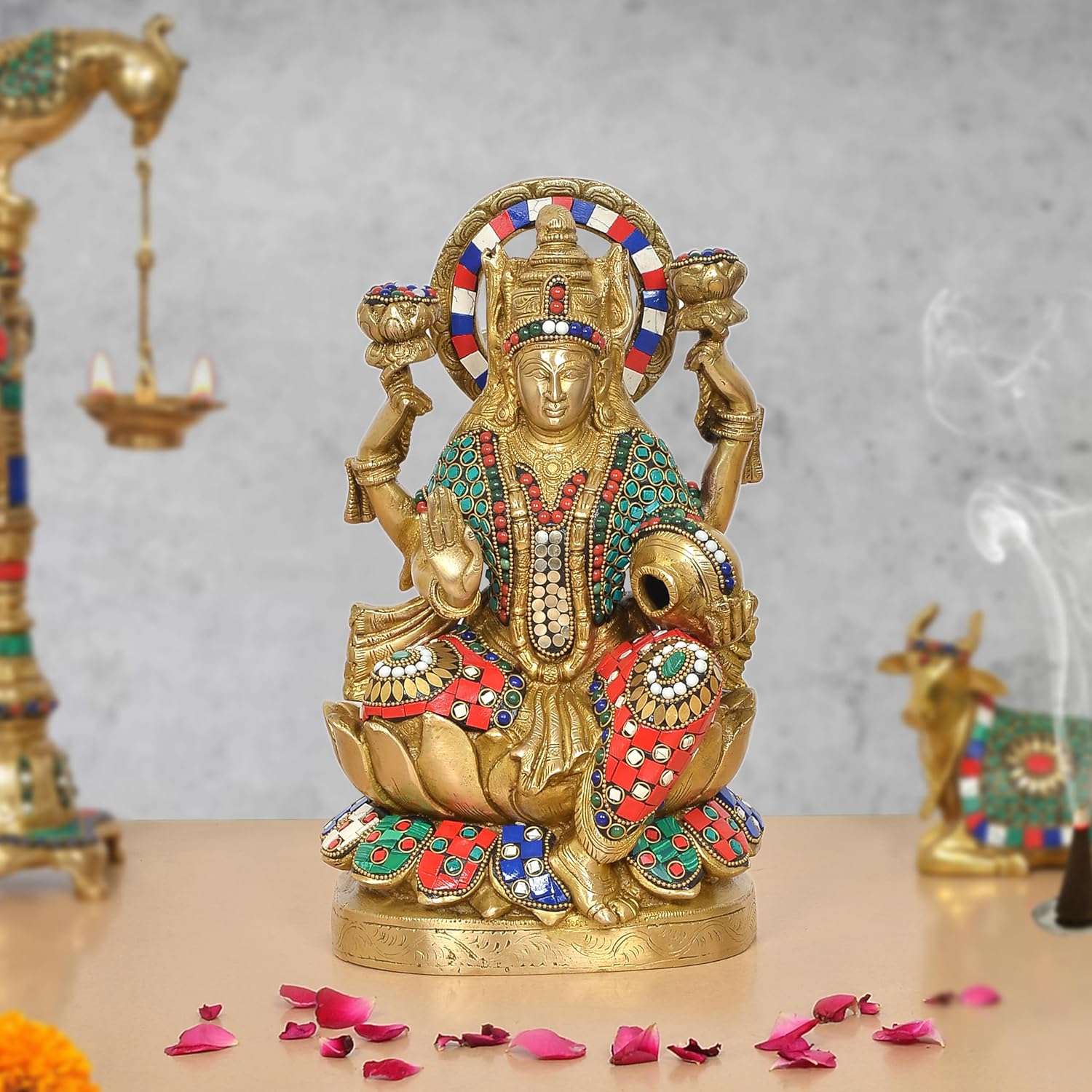 Brass Lakshmi Idol with Pot of Money (Height: 12.5 Inch)