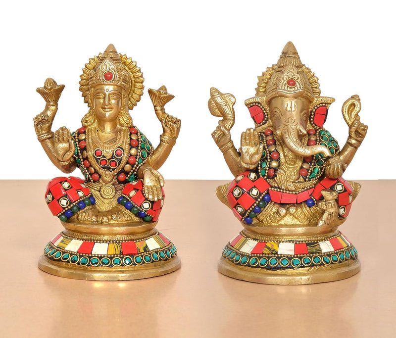 Brass Lakshmi Ganesh Statue (Height 6 Inch)