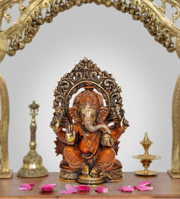 Brass God Ganeshji on Throne Statue (Height 8 Inch) Mandir Setting