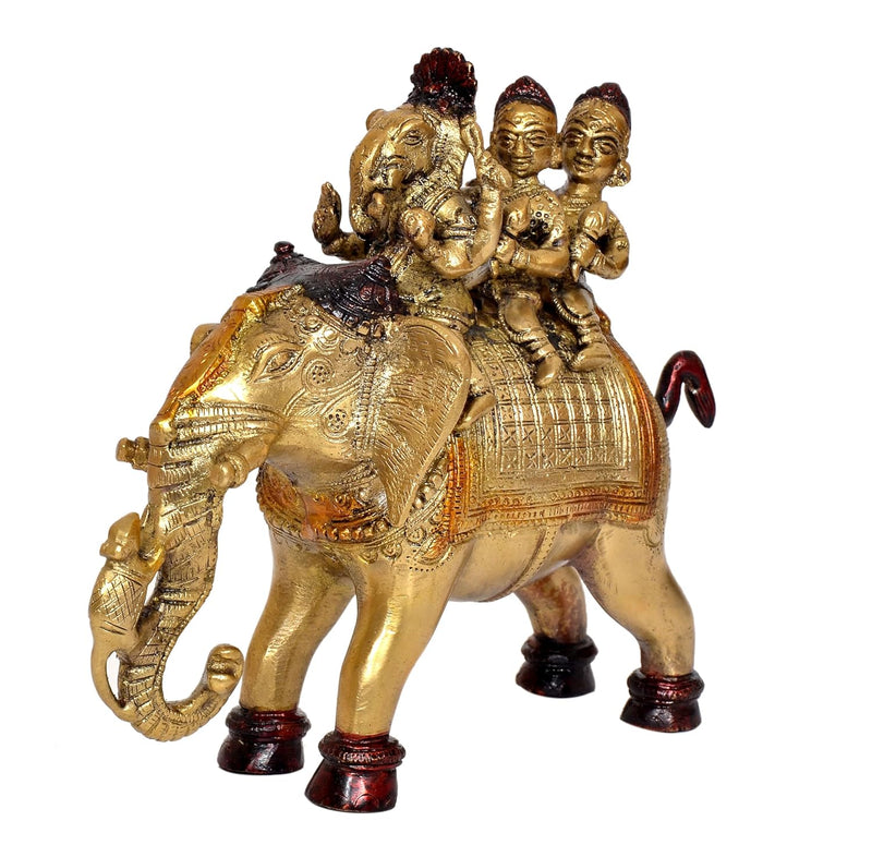 Brass Elephant with Ganesha Riddhi Siddhi Home Decor (Height 8 Inch)