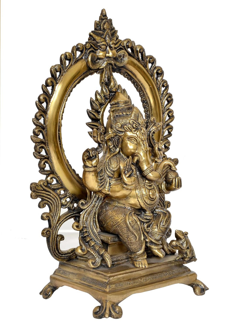 Natural Brass Lord Ganesha Kirtimukha on Throne Idol (Height 16 Inch)