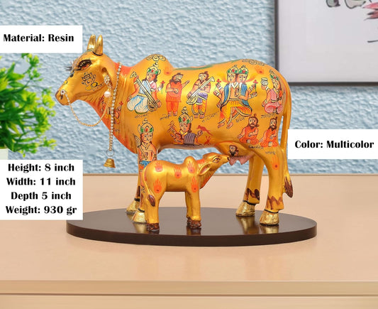 Resin Kamdhenu Cow with Calf God Figure Statue (Height: 8 Inch)
