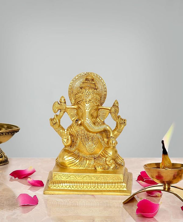 Brass Lord Ganesha Ganpati Idol Vinayak Religious Statue Brass Murti (Height 7 Inch) Mandir Setting