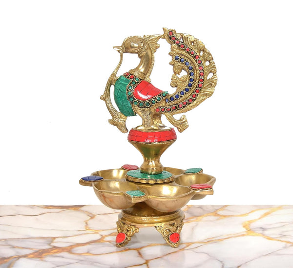 Brass Oil Lamp On Peacock | Five Diya Stand (Height 11 Inches) Entryway Setting