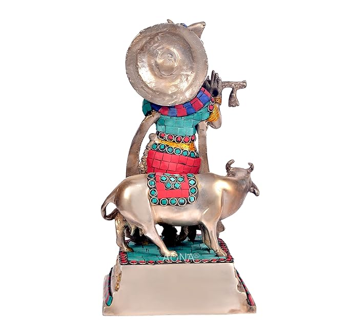 Brass Beautiful Krishna with Cow Statue (Height: 9.6 inches)
