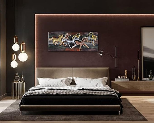 Iron 7 Seven Running Horses with LED Light with frame (Width: 36 inches) Mandir Setting
