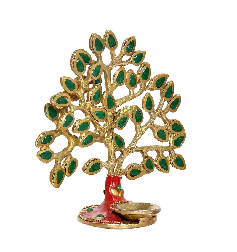 Brass Kalpavriksha Tree Table Standing with Stonework for Home Decor and Ofice Teble Decor Figurine (Height: 6 inch) (Multicolor Tree 2)