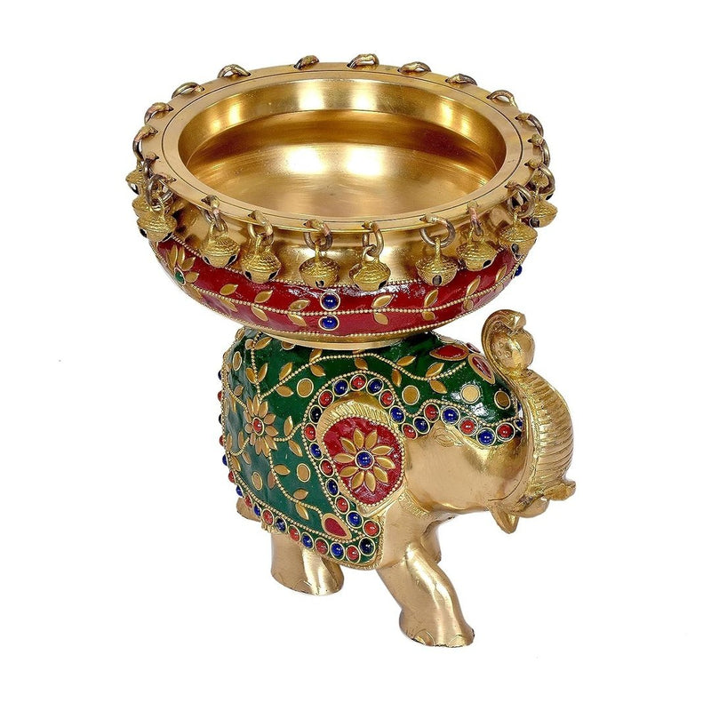 Brass Elephant with Urli Statue (Height : 9 Inches)