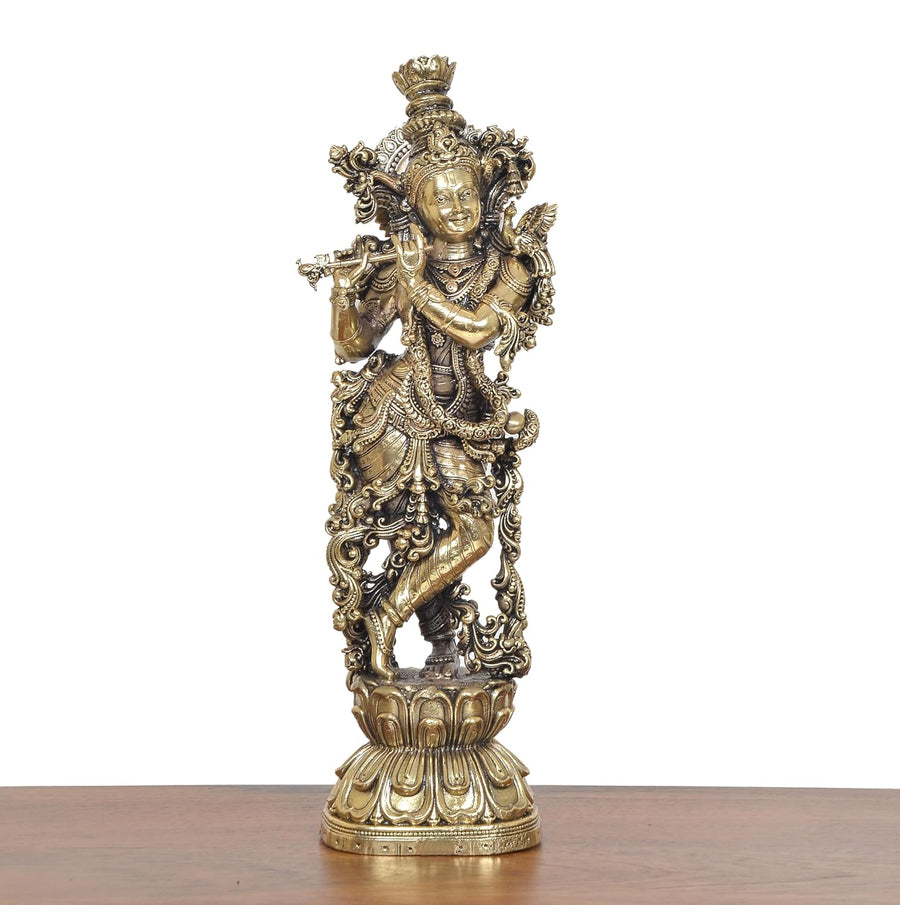 Superfine Brass Lord Krishna Idol Playing Flute (Height 10 Inch) Craft Detail