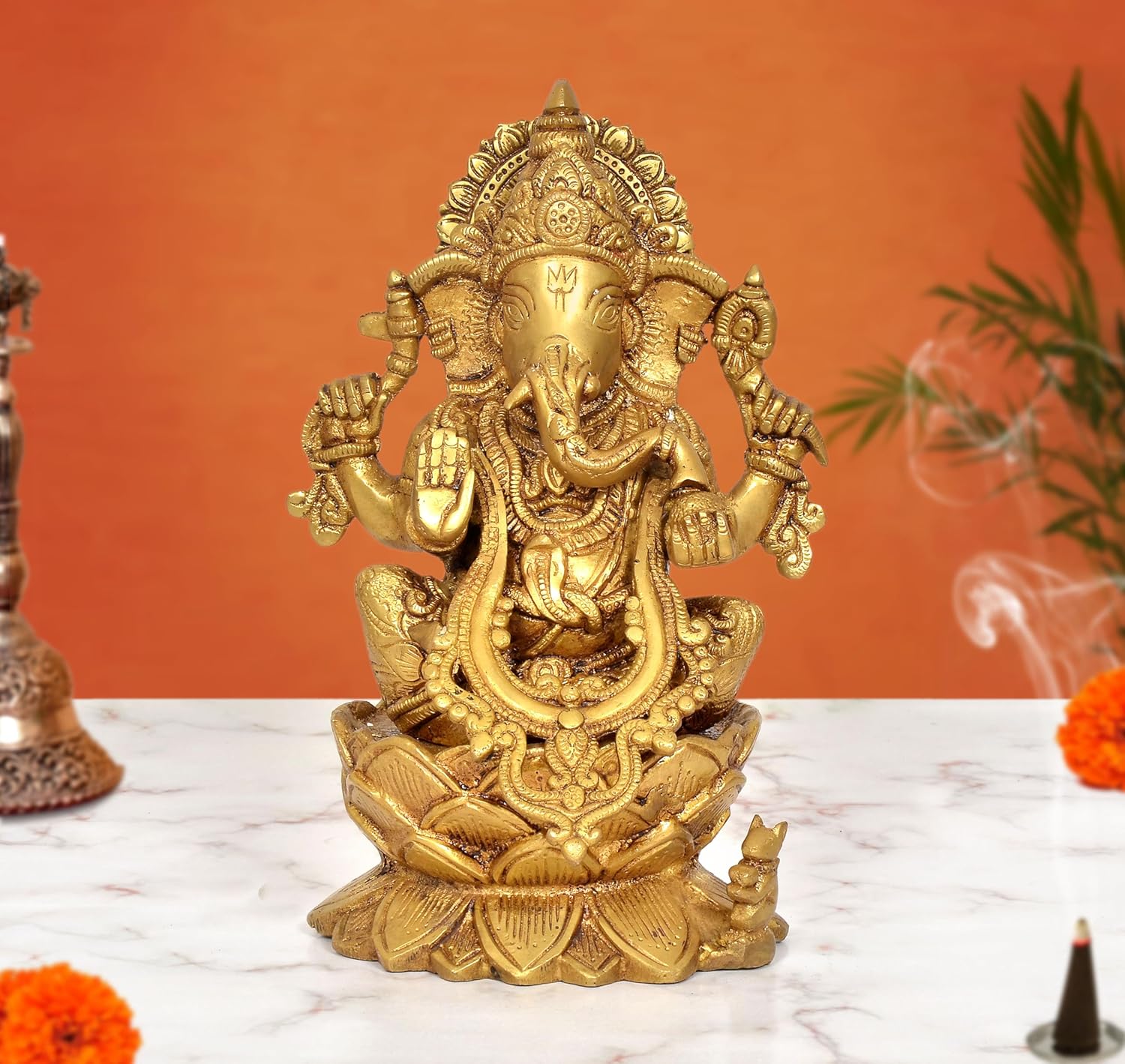 AONA Brass Lord Ganesha Sitting On Lotus Sculpture