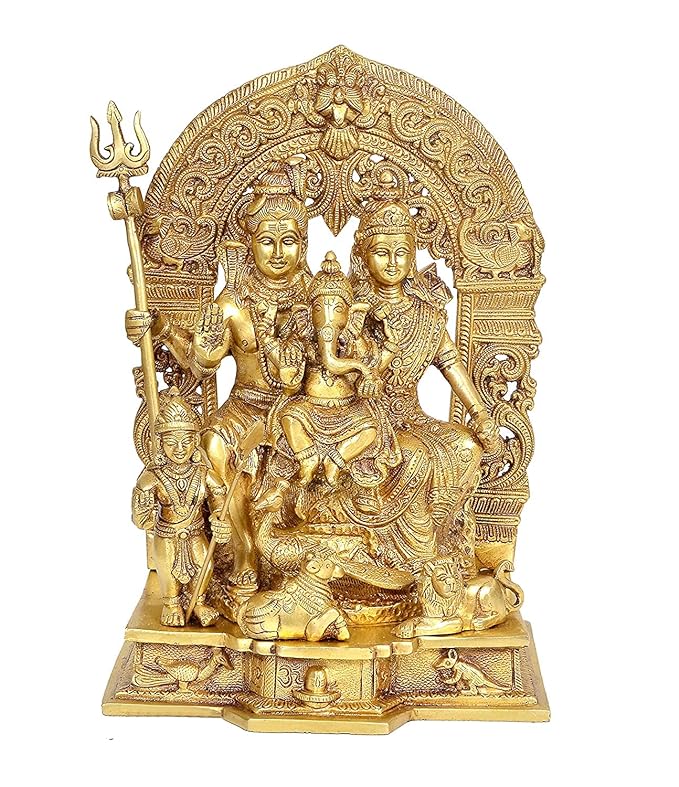 Brass Shiv Parivar Pooja Idol/Shiv Parvati Ganesh Idol for Good Luck, Success and Prosperity, Height : 12 inch Craft Detail