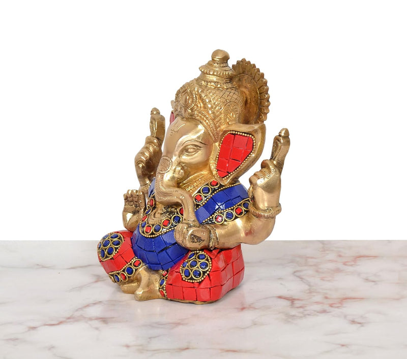 Brass Ganpati Bappa Murti (Height: 6 Inch) (Multicolor)