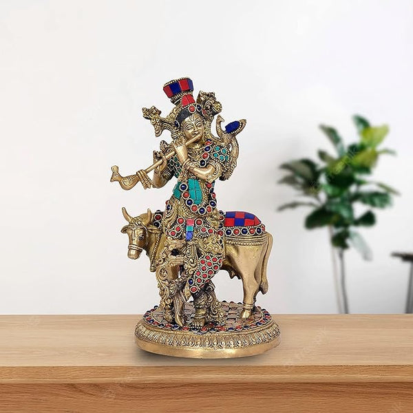 Brass Govinda with Cow Idol (Height: 9.25 inches) Mandir Setting
