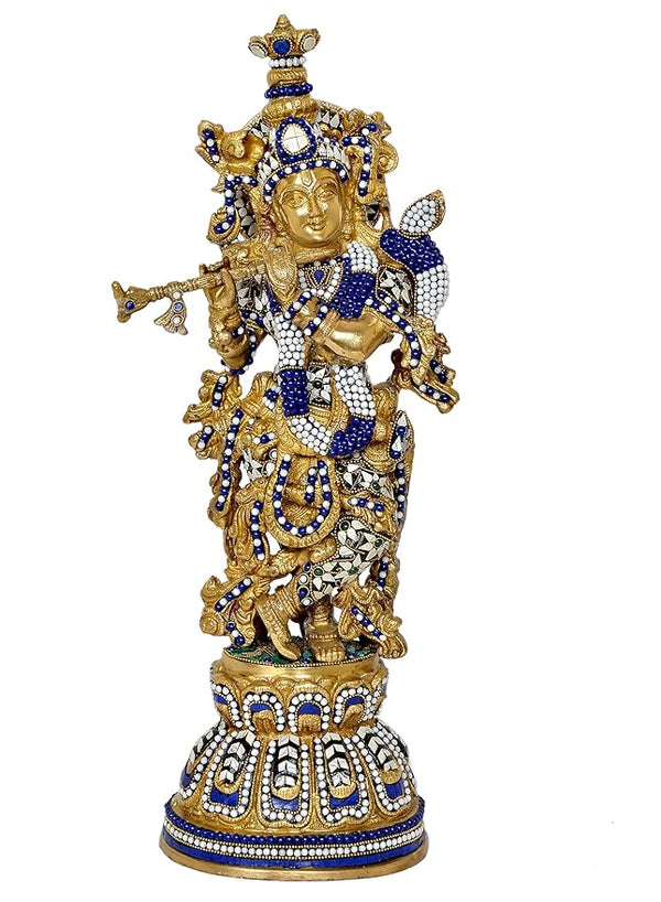 Brass Lord Krishna Idol Figurine Sculpture Playing Flute Statue Decorative Showpiece, (Height 19 Inch) Entryway Setting
