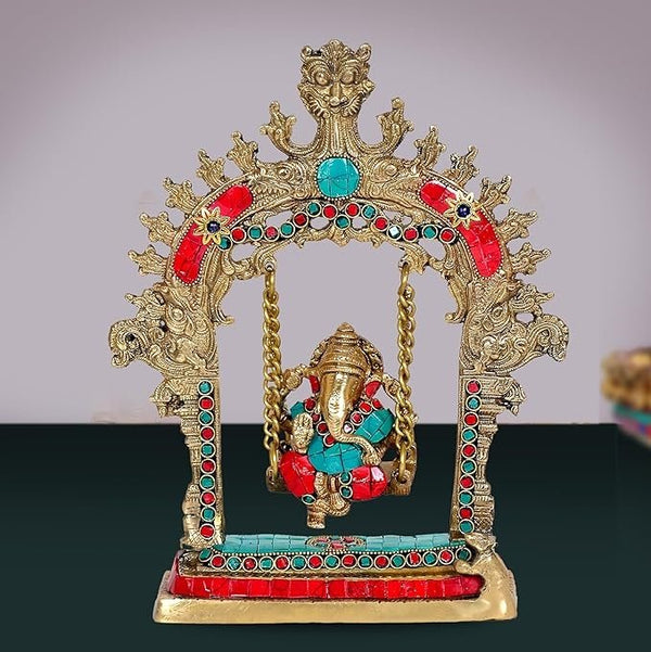 Brass Ganesha Ganesh Swing Statue Idol Murti, Height : 10 inch Mandir Setting
