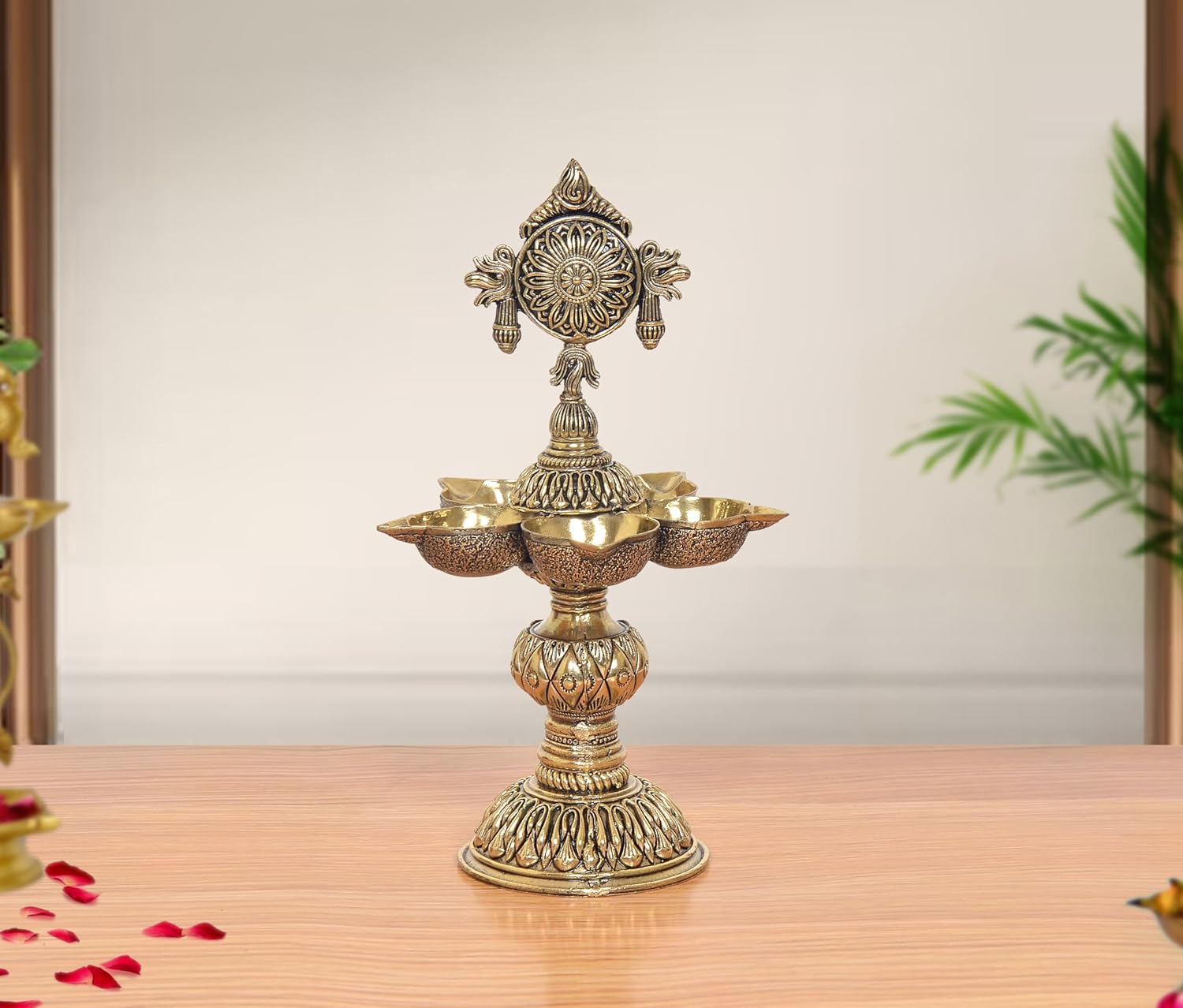 AONA Bronze Oil Lamp Five Diya Lamp Stand