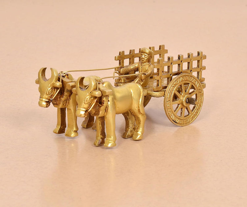 Brass Vintage Bullock Cart with Double Bull Showpiece (Height: 2 inch)