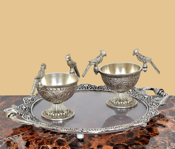 German Silver Parrot Dry Fruit Bowl with Tray Silver Polish (Height: 5 inch) Study Setting