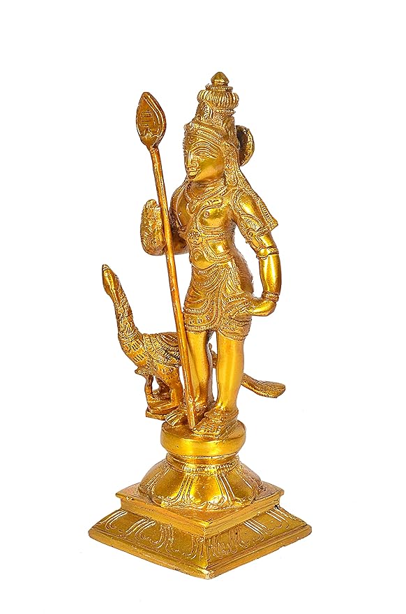 Lord Kartikeya Brass Idol Figurine Standing Murgan with Peacock Sculpture Showpiece Golden Height 10 Inches Craft Detail