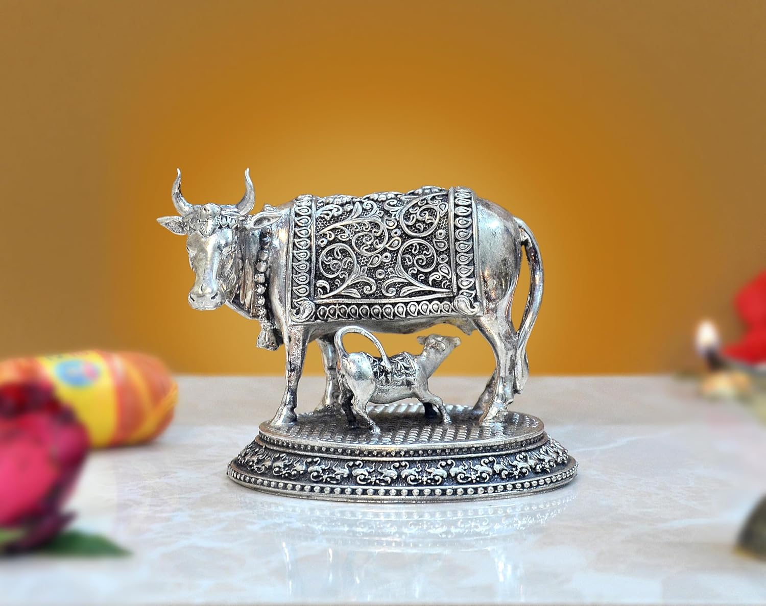 Superfine Brass Cow with Calf for Pooja Mandir Home Decor and Car Dashboard (Height 3 Inch)