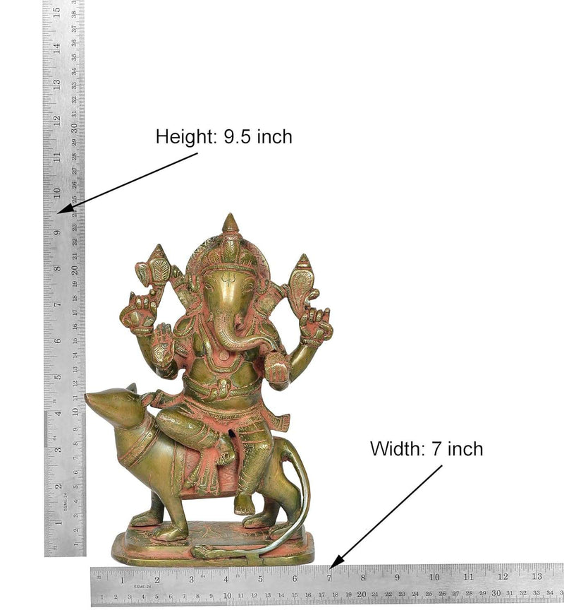 Brass Lord Ganesha Sitting on Mouse Figurine (Height 9.5 Inch)