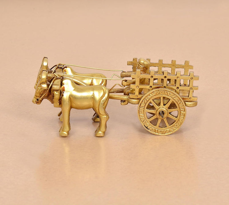 Brass Vintage Bullock Cart with Double Bull Showpiece (Height: 2 inch)