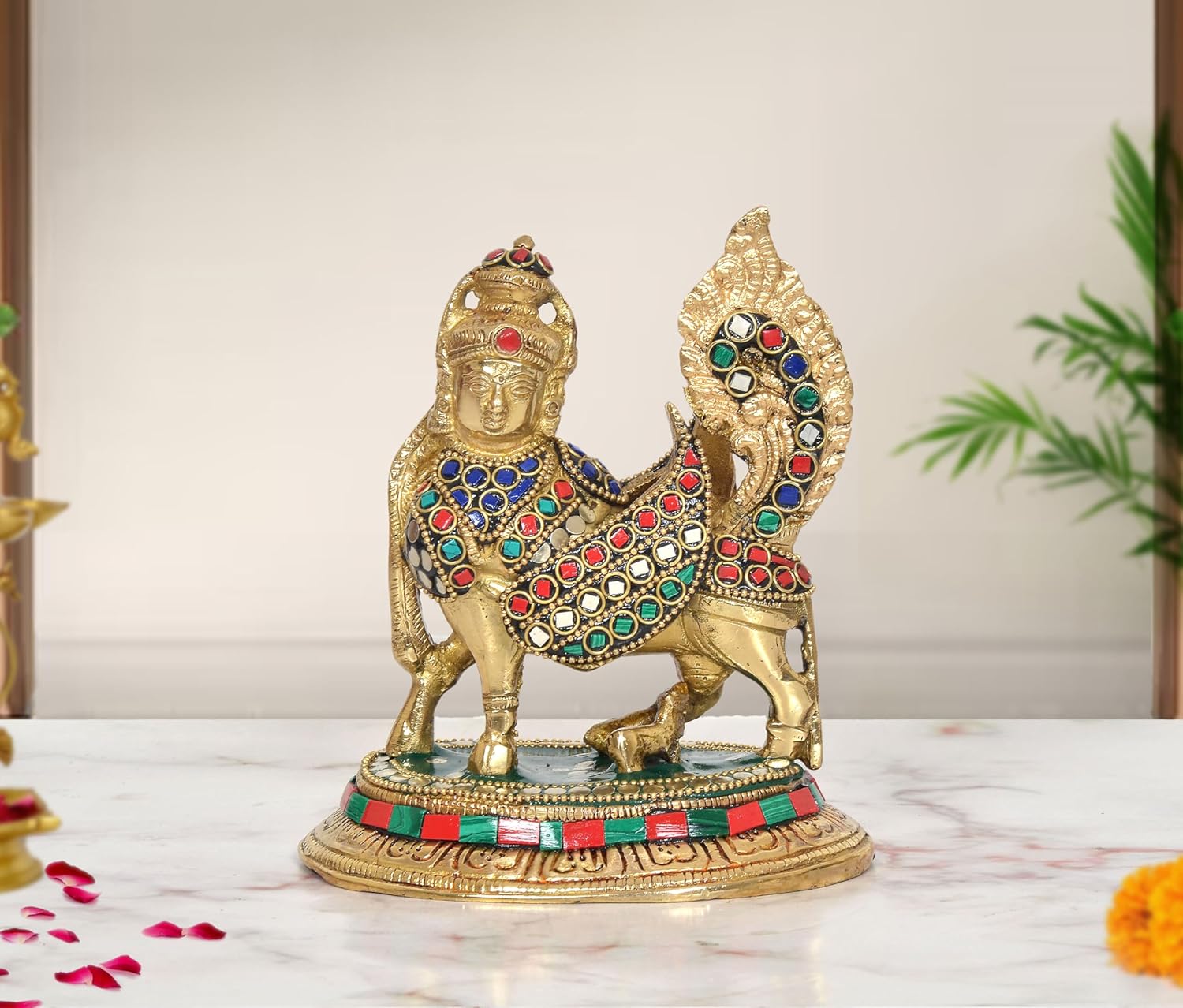 AONA Brass Kamadhenu Cow Calf with Wings Showpiece
