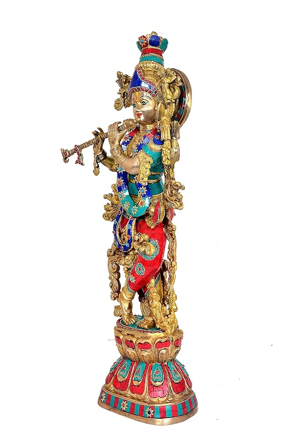 Brass Lord Krishna Murti with eye work (Height : 29 inches) Study Setting