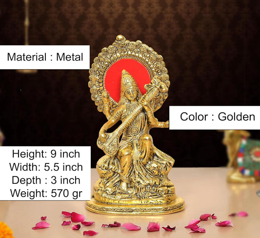 Metal Goddess Saraswati Maa Seated idol (Height 9 Inch)