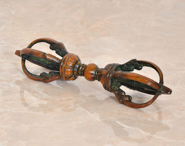 Brass Tibetan Buddhist Eight Pronged Small Dorje in Brass Handmade (Height: 6.5 inch) (Multicolor 2) Mandir Setting