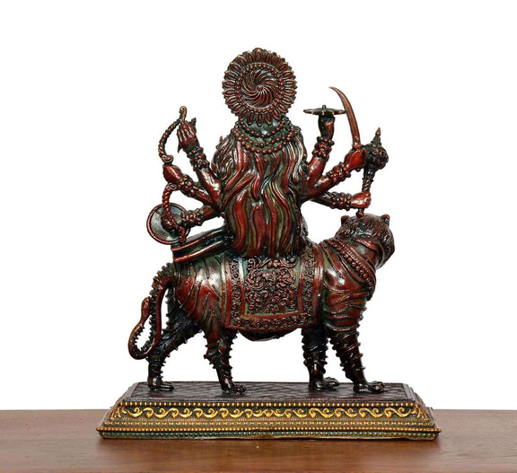 Bronze Durga Maa with Tiger Idol (Height: 6.5 Inch)