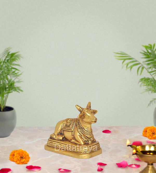 Brass Shiva Seated Nandi Statue Nandi Bull for Shiv Temple Showpiece Home Pooja (Height: 3 Inch) Mandir Setting